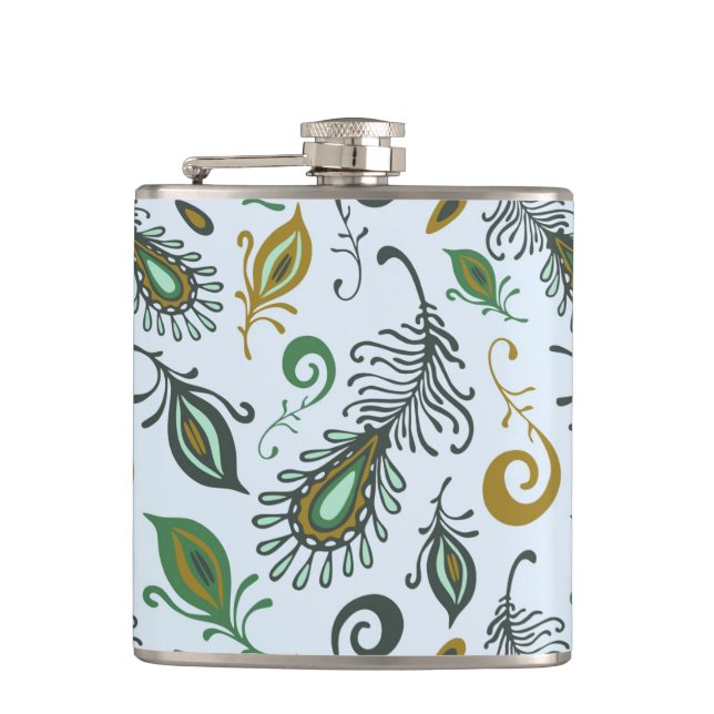 Colourful Various Feathers Hip Flask (Front)