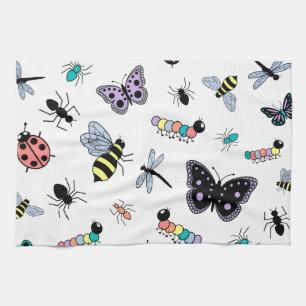 Colourful Vector Bugs & Butterflies Kitchen Towel