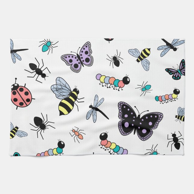 Colourful Vector Bugs & Butterflies Kitchen Towel (Horizontal)