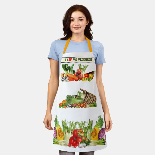 Colourful Vegetables I Love Veggies Custom text Apron (Worn)