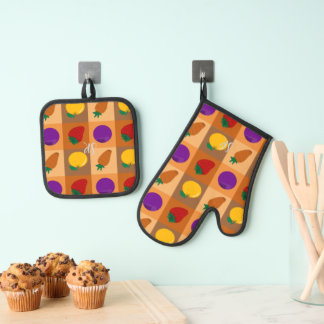 Colourful Veggie Pattern Oven Mitt & Pot Holder Se Oven Mitt & Pot Holder Set