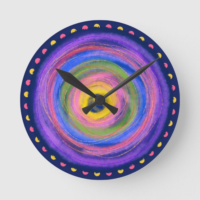 Colourful vibrant centring Circles Watercolor -  Round Clock (Front)