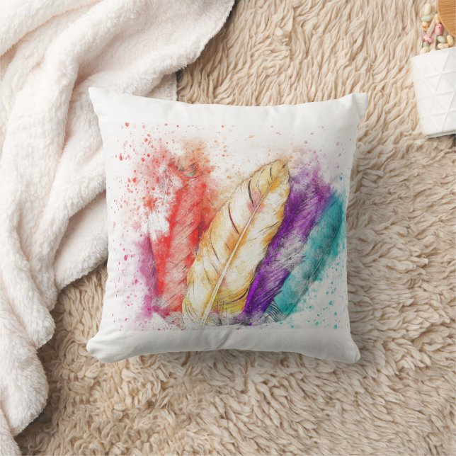 Colourful Vibrant Feather Creative Fogy Splashes Throw Pillow (Blanket)