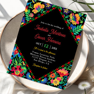 Colourful vibrant fiesta floral black wedding invitation