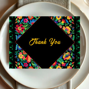 Colourful vibrant fiesta floral black wedding thank you card