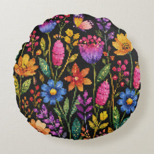 Colourful Vibrant Flowers on a Black Background Round Pillow