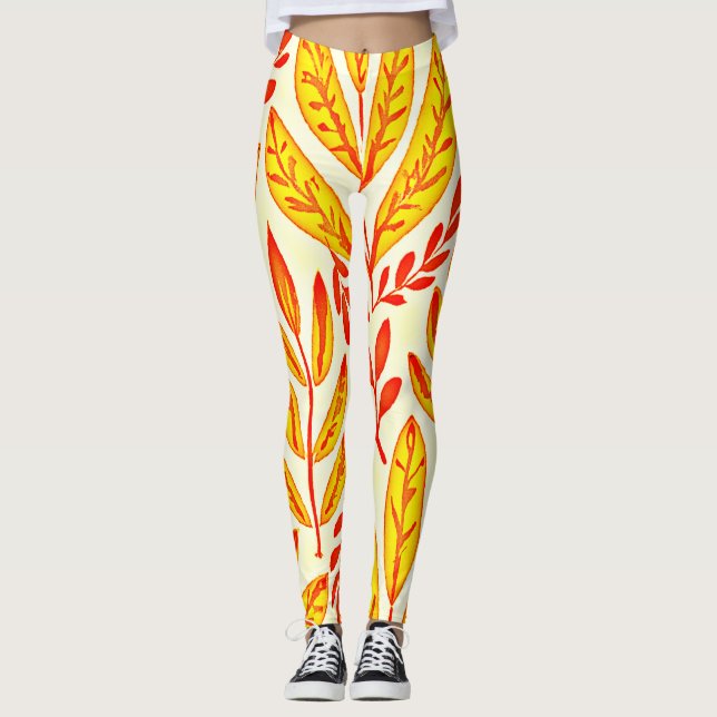 Colourful Vibrant Foliage Mosaic Leaves Pattern Leggings (Front)