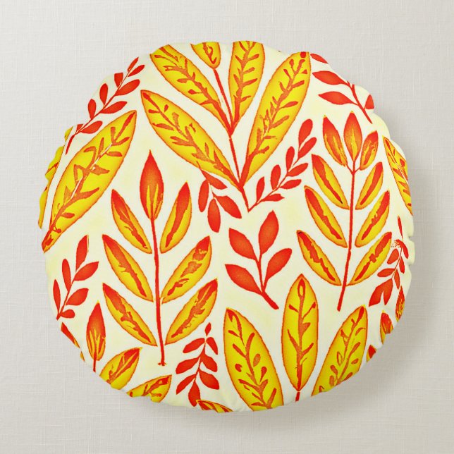 Colourful Vibrant Foliage Mosaic Leaves Pattern Round Pillow (Front)