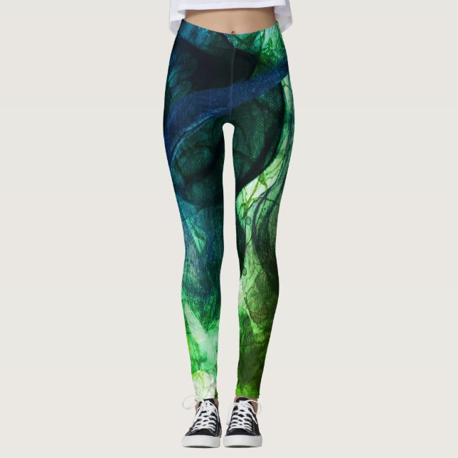 Colourful Vibrant Modern Green Abstract Leggings (Front)