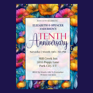 Colourful Vibrant Poppy 10th Wedding Anniversary Invitation
