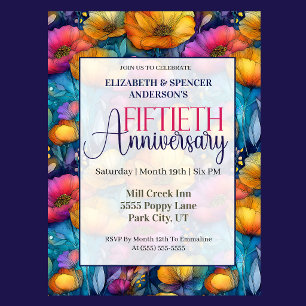 Colourful Vibrant Poppy 50th Wedding Anniversary Invitation