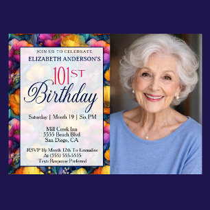Colourful Vibrant Poppy Flower 101st Birthday Phot Invitation