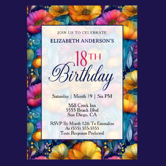 Colourful Vibrant Poppy Flower 18th Birthday Invitation
