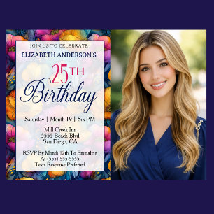 Colourful Vibrant Poppy Flower 25th Birthday Photo Invitation