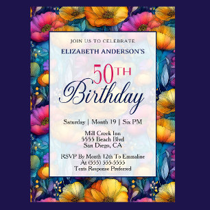 Colourful Vibrant Poppy Flower 50th Birthday Invitation
