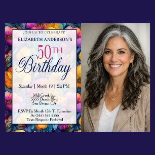 Colourful Vibrant Poppy Flower 50th Birthday Photo Invitation