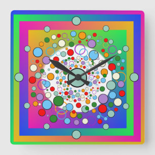 Colourful Vibrant  Rainbow Circles and Dots Square Square Wall Clock
