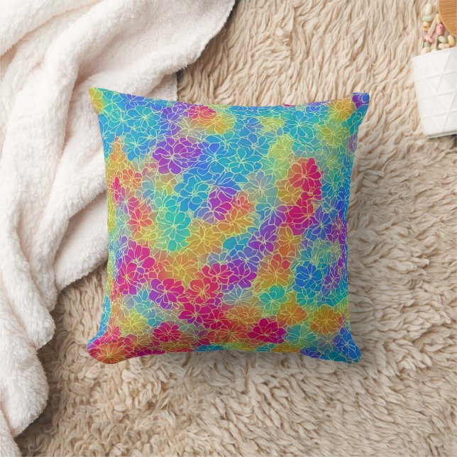 Colourful vibrant rainbow floral pattern throw pillow (Blanket)