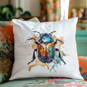 colourful vibrant scarab in watercolor throw pillow