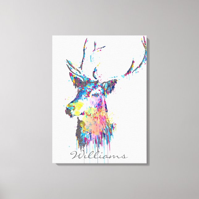 colourful vibrant watercolours splatters deer head canvas print (Front)