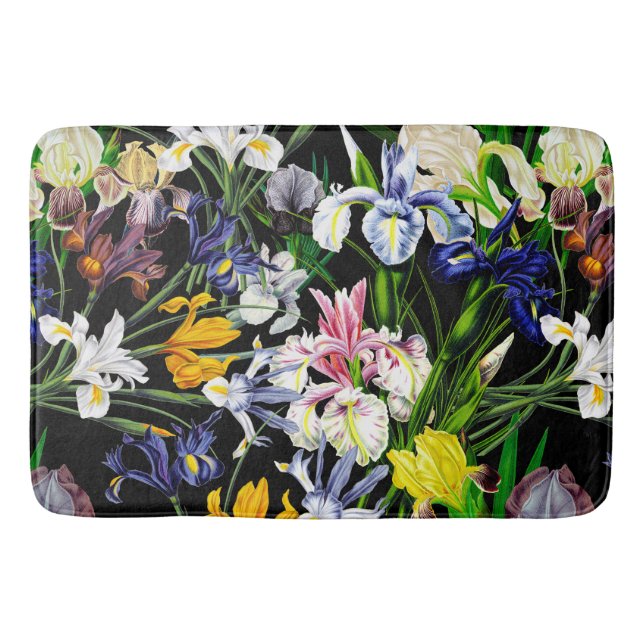 Colourful Victorian Iris Flowers on Black Pattern Bath Mat (Front)