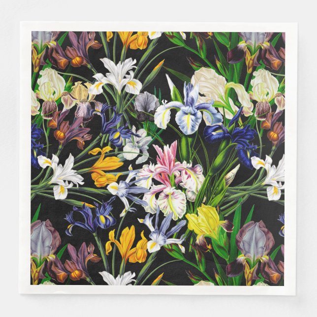 Colourful Victorian Iris Flowers on Black Pattern Napkin (Front)