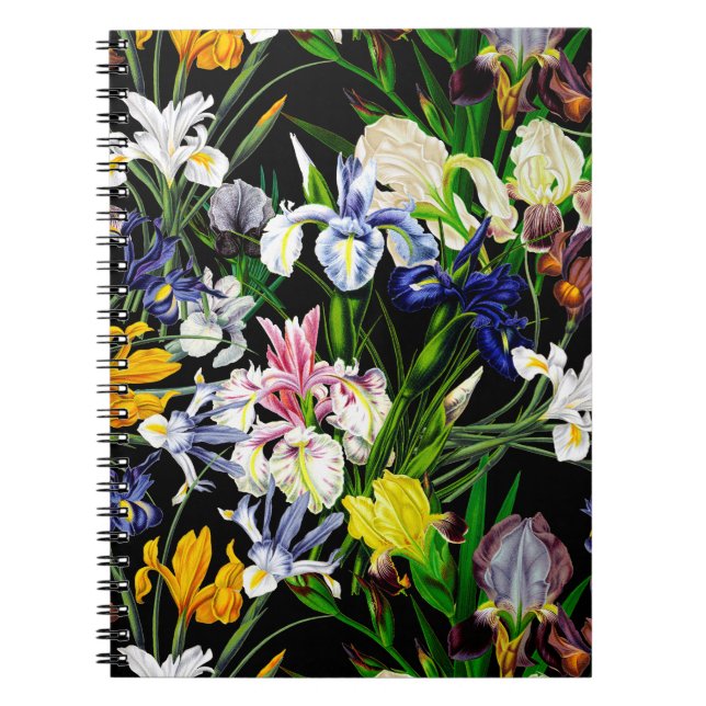 Colourful Victorian Iris Flowers on Black Pattern Notebook (Front)