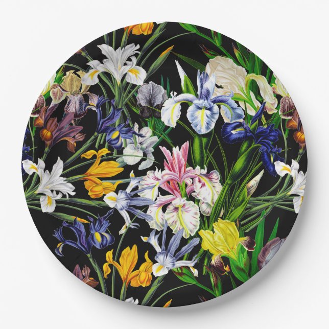 Colourful Victorian Iris Flowers on Black Pattern Paper Plate (Front)