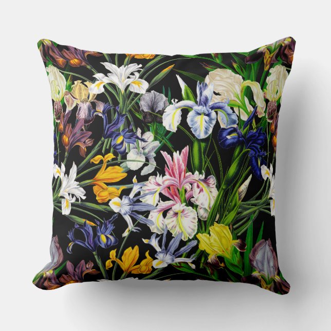 Colourful Victorian Iris Flowers on Black Pattern Throw Pillow (Front)