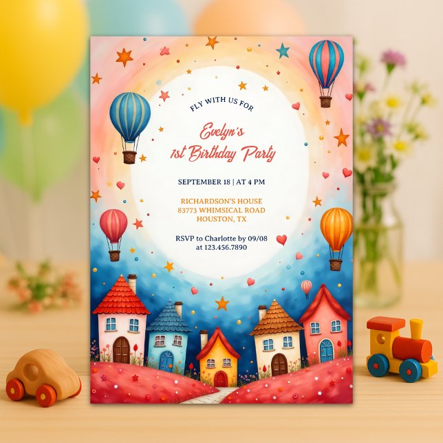 Colourful Village Hot Air Balloon 1st Birthday Invitation (Whimsical Hot Air Balloon 1st Birthday Invitation with Colorful Village Scene)
