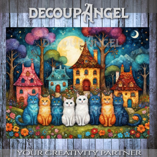 Colourful Village Scene with Cats Decoupage Tissue Paper (Creator Uploaded)
