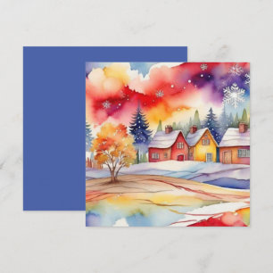 Colourful Village watercolor Holiday Card