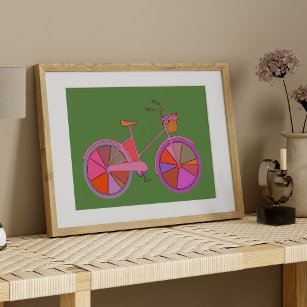 Colourful Vintage Bike with Flowers Illustration Poster