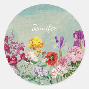 Colourful vintage blooming beautiful wildflowers classic round sticker