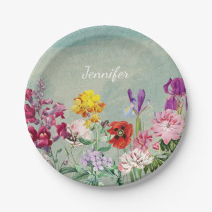 Colourful vintage blooming beautiful wildflowers paper plate