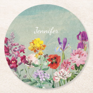 Colourful vintage blooming beautiful wildflowers round paper coaster