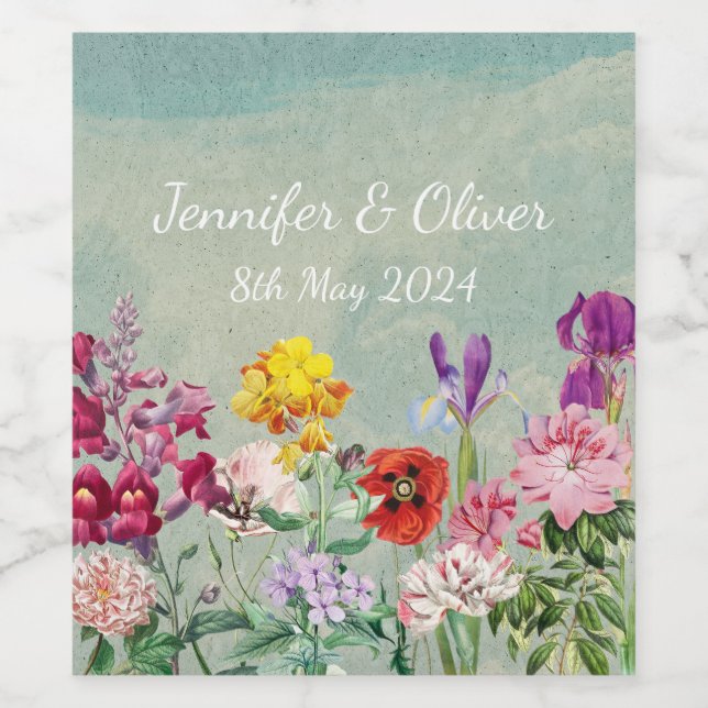 Colourful vintage blooming beautiful wildflowers wine label (Single Label)