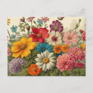 Colourful Vintage Blooming Garden Flowers  Postcard