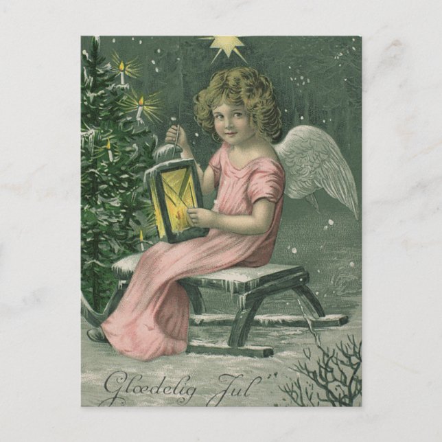 Colourful vintage blue Christmas angel card (Front)