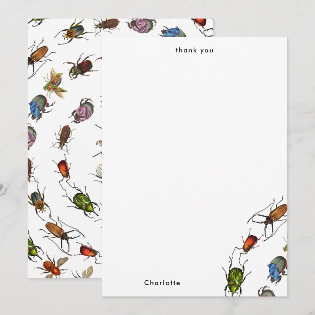 Colourful Vintage Bugs & Beetles Pattern Thank You Card (Front/Back)
