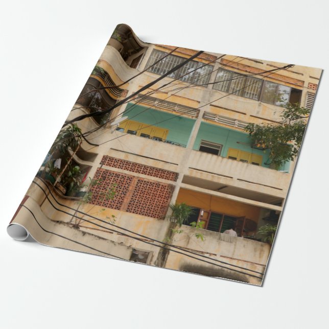 Colourful Vintage Building - Vietnamaged, ancient, Wrapping Paper (Unrolled)