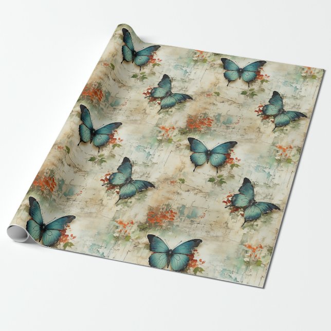 Colourful Vintage Butterflies and Flowers (12) Wrapping Paper (Unrolled)
