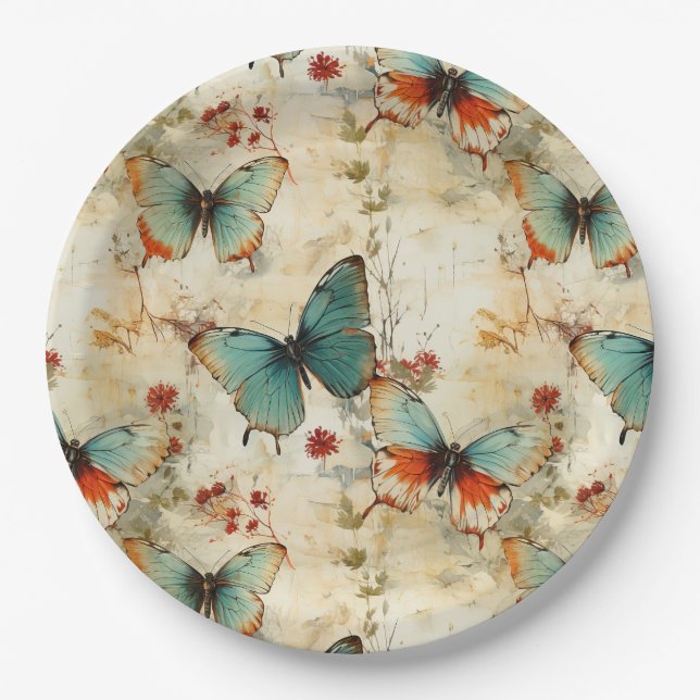 Colourful Vintage Butterflies and Flowers (3) Paper Plate (Front)