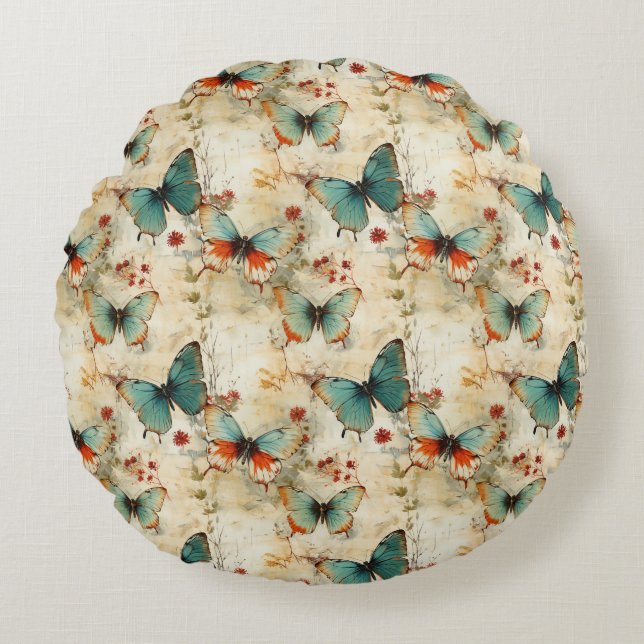 Colourful Vintage Butterflies and Flowers (3) Round Pillow (Front)