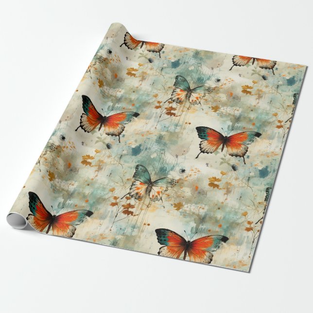 Colourful Vintage Butterflies and Flowers (4) Wrapping Paper (Unrolled)
