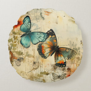 Colourful Vintage Butterflies and Flowers (8) Round Pillow