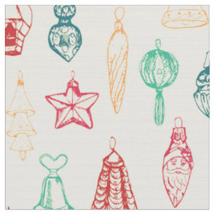 Colourful Vintage Christmas decorations hand drawn Fabric