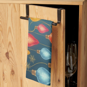 Colourful, vintage Christmas lights decor Kitchen Towel