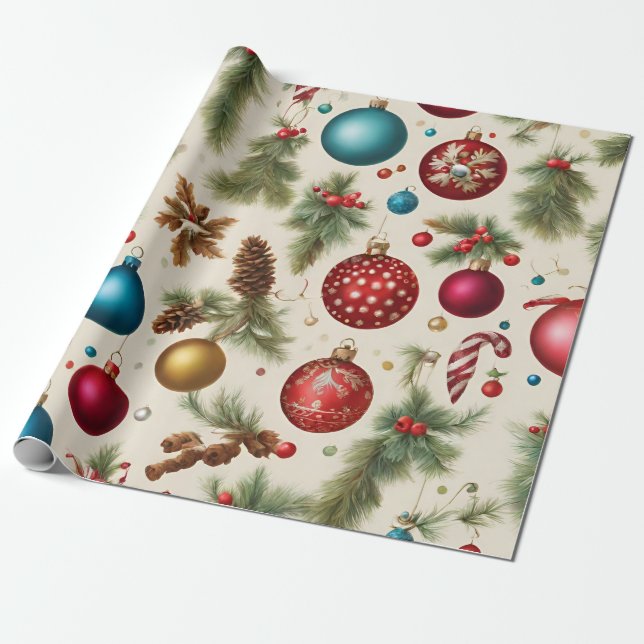 Colourful Vintage Christmas Ornaments  Wrapping Paper (Unrolled)