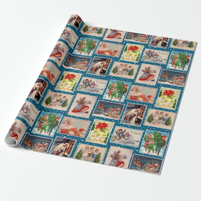 Colourful Vintage Christmas Postcard Wrapping Pape Wrapping Paper (Unrolled)